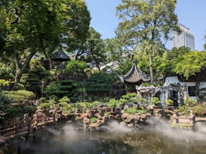 A serene, misty Japanese garden symbolizing spiritual tranquility and reflection.
