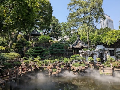 A serene, misty Japanese garden symbolizing spiritual tranquility and reflection.
