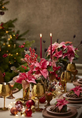 Elegant Christmas table setting with warm lights and golden details, featuring red and green floral arrangements.