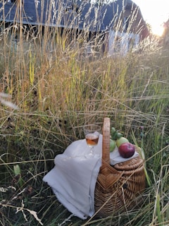 A wicker picnic basket sits in tall grasses, covered partially with a white cloth. On top of the cloth are a ripe apple and a glass of what appears to be cider or wine. In the background, a rustic house with a thatched roof is visible, partially obscured by the setting sun, which casts a warm glow over the scene.