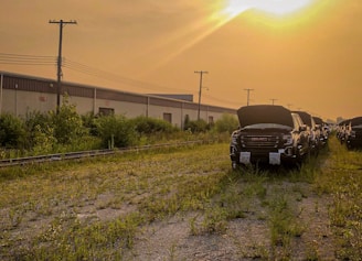 A row of dark-colored trucks with open hoods is parked on a grassy, unpaved area adjacent to a long industrial building. The sky is hazy with the sun setting or rising in the background, casting a warm golden glow over the scene. There are power lines and telephone poles running parallel to the building.