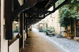 Ancient cobblestone alleyway framed by ivy-covered walls