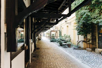 A narrow cobblestone alleyway lined with ivy-covered brick walls, inviting exploration.