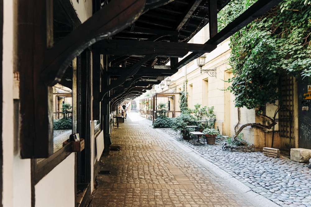 a cobblestone street lined with tables and chairs