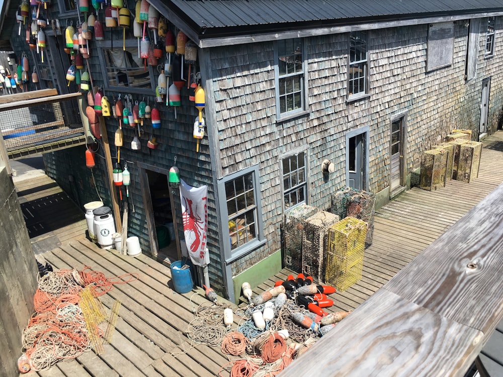 a building with a lot of stuff hanging from it's roof