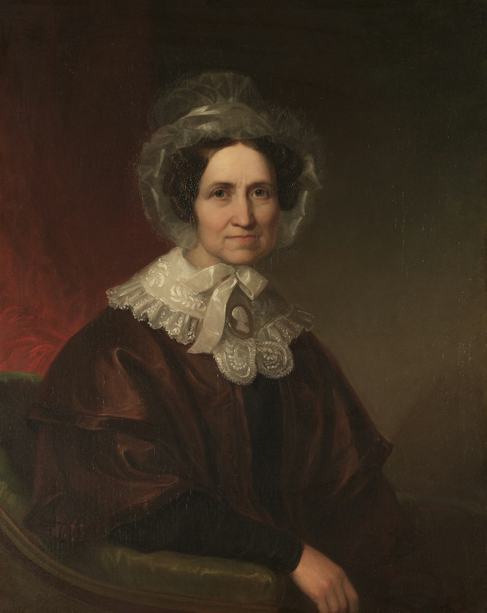 a portrait of a woman in a brown dress