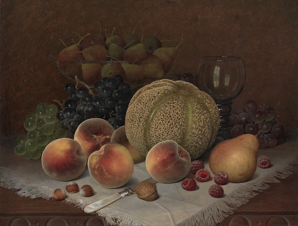 a painting of fruit and a glass on a table