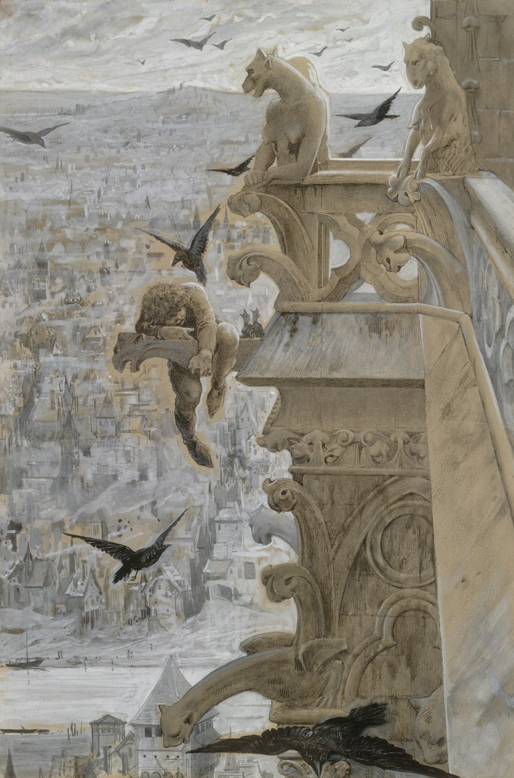 a painting of birds flying over a city