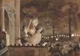 A finely detailed depiction of a theater scene with dancers on stage. The focus is on a ballerina in a tutu being lifted elegantly by her partner. An orchestra plays in the pit below, musicians intently focused on their instruments. Decorative lighting and ornate architectural details frame the stage, enhancing the ambiance of a lively performance.
