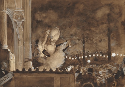 A finely detailed depiction of a theater scene with dancers on stage. The focus is on a ballerina in a tutu being lifted elegantly by her partner. An orchestra plays in the pit below, musicians intently focused on their instruments. Decorative lighting and ornate architectural details frame the stage, enhancing the ambiance of a lively performance.