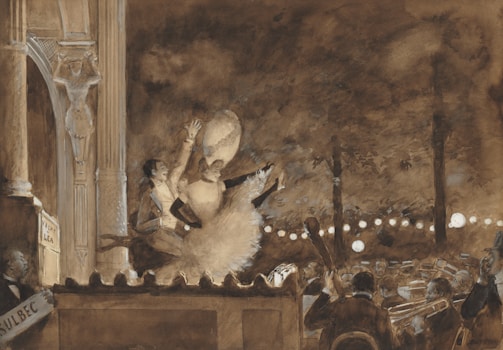 A finely detailed depiction of a theater scene with dancers on stage. The focus is on a ballerina in a tutu being lifted elegantly by her partner. An orchestra plays in the pit below, musicians intently focused on their instruments. Decorative lighting and ornate architectural details frame the stage, enhancing the ambiance of a lively performance.
