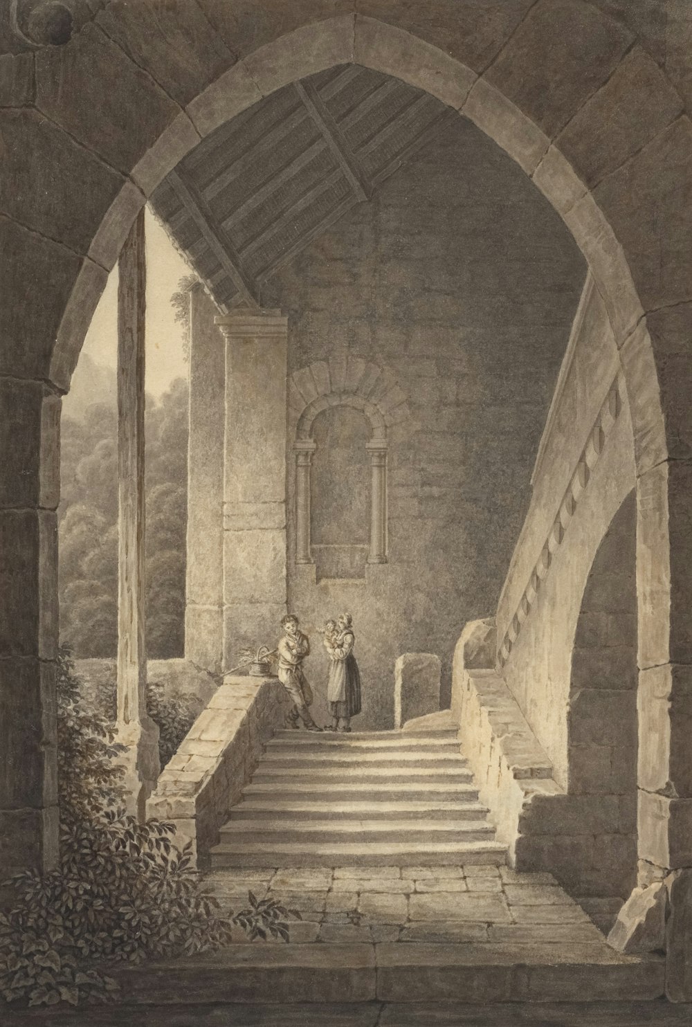 a drawing of a man and woman standing at the top of a set of stairs