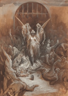 A dramatic scene with a central figure in a flowing garment, holding broken chains above their head, surrounded by people in various dynamic poses. The background features a large archway and abstract, swirling forms.