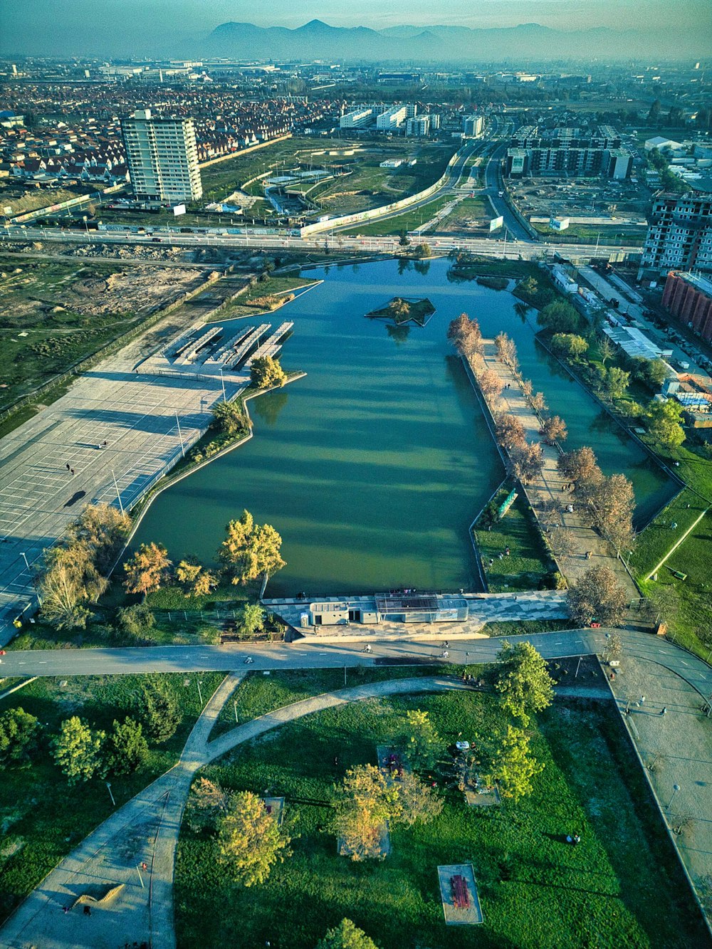 an aerial view of a large body of water