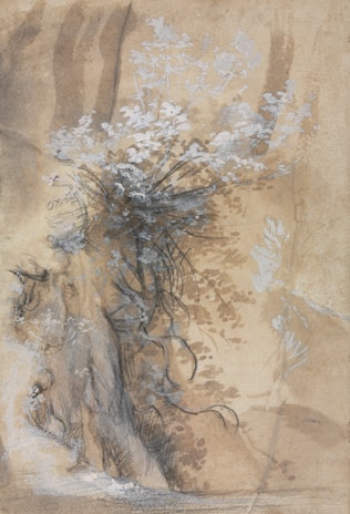 A minimalist black and white ink drawing capturing delicate floral patterns with fine lines.