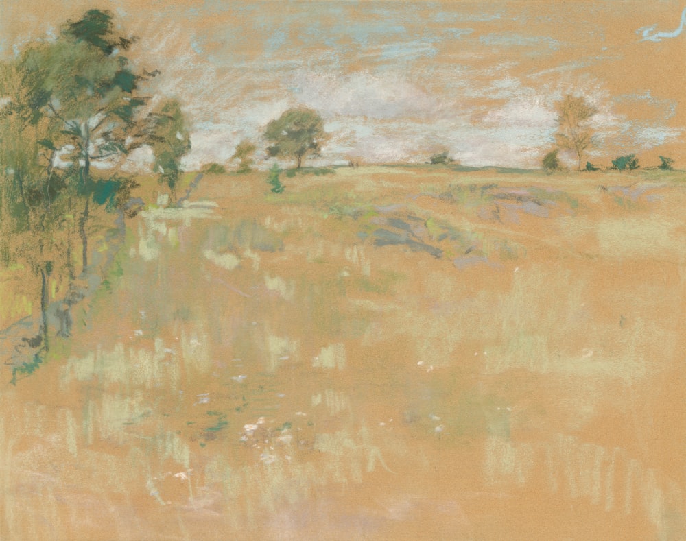 a painting of a grassy field with trees