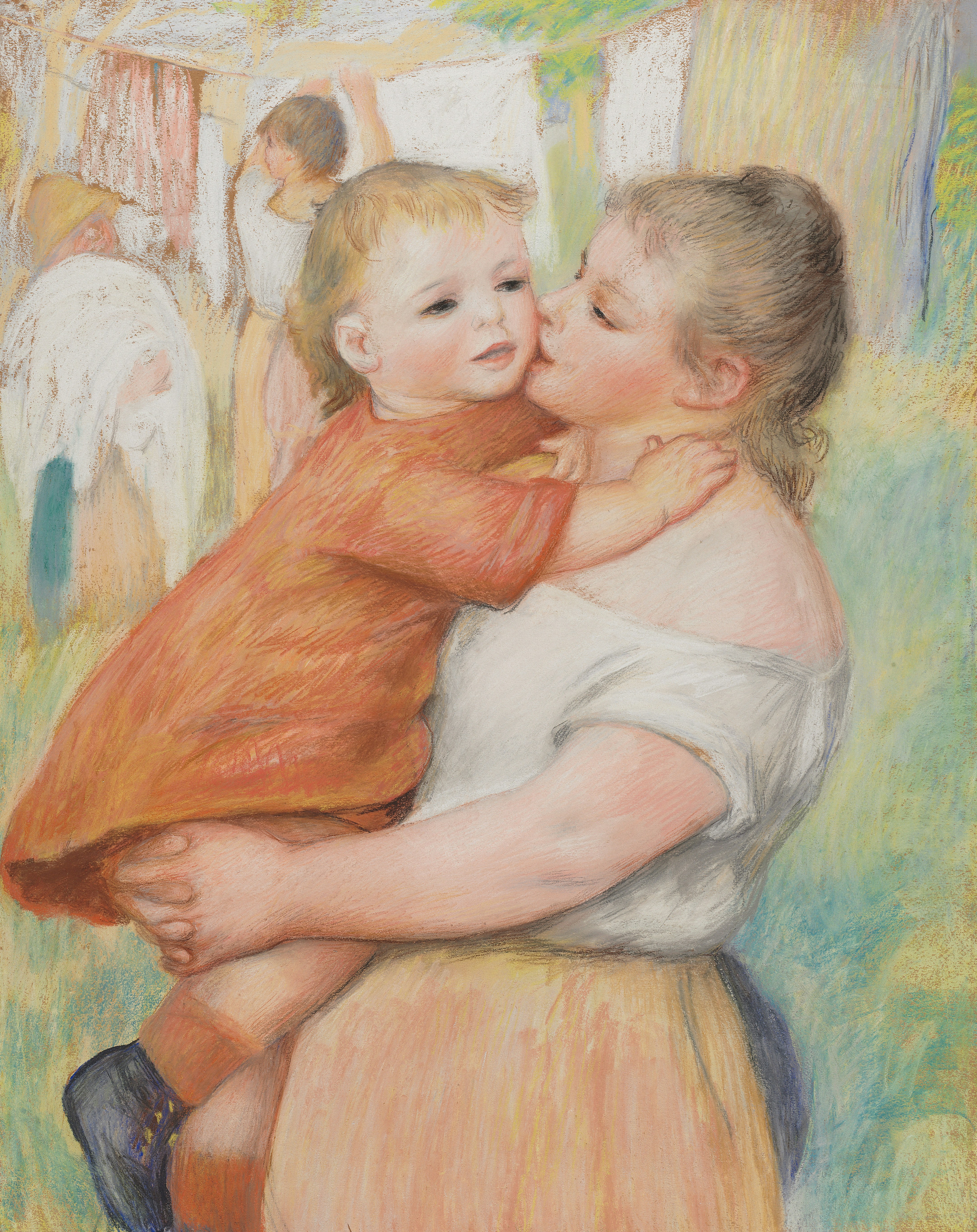 Laundress and Her Child (Aline and Pierre) c. 1886 Pierre-Auguste Renoir (French, 1841–1919) France, 19th century Pastel on brown paper Sheet: 81.5 x 65 cm (32 1/16 x 25 9/16 in.); Mounted: 82.6 x 65.9 cm (32 1/2 x 25 15/16 in.); Framed: 99 x 82.5 x 4.2 cm (39 x 32 1/2 x 1 5/8 in.) Bequest of Alexander Ginn 1977.167 Catalogue raisonné: Dauberville 1394 https://www.clevelandart.org/art/1977.167