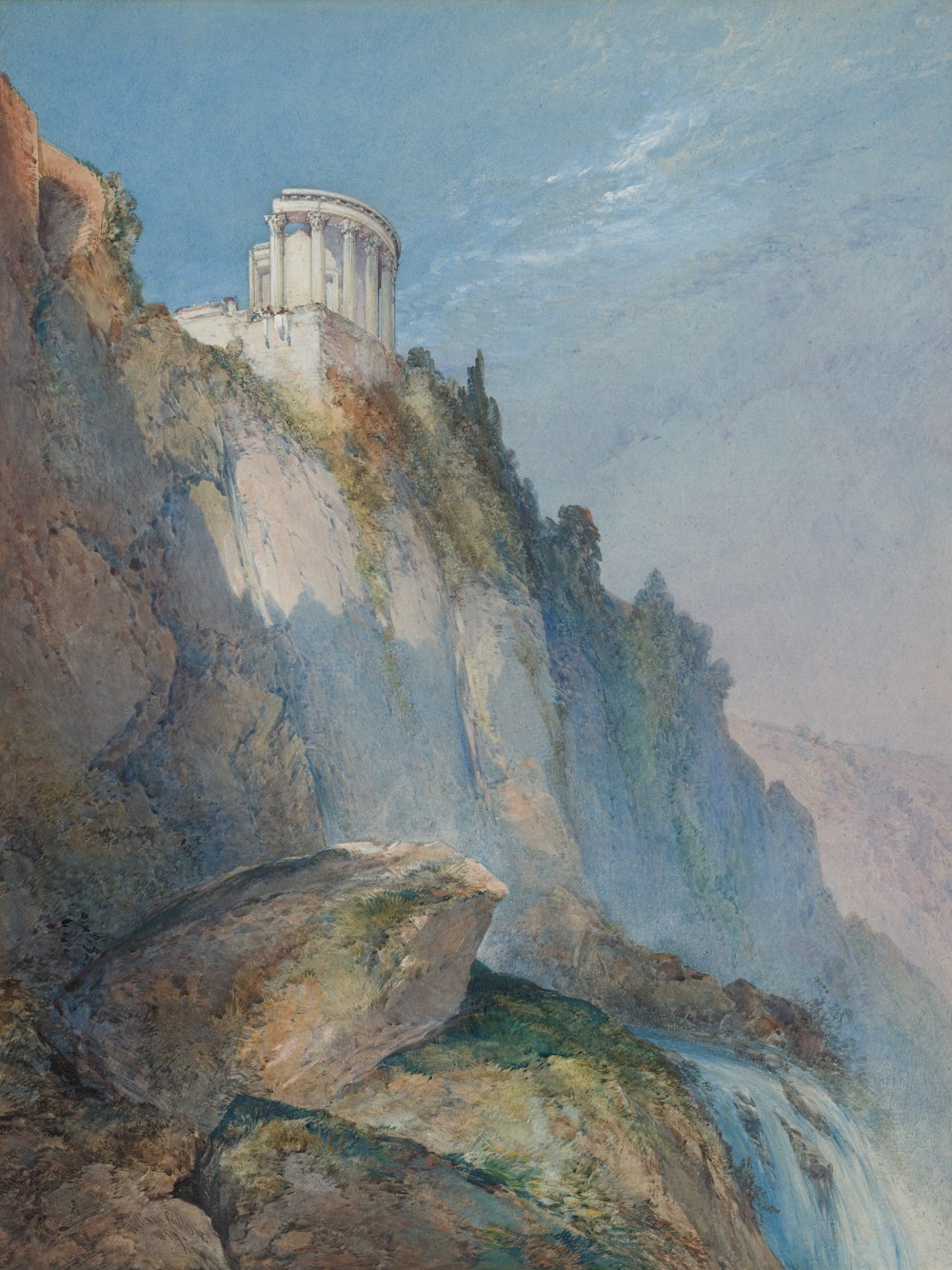 a painting of a building on a cliff