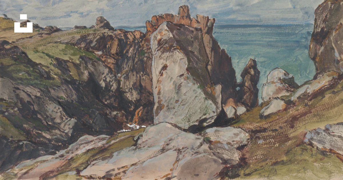 Une peinture d’un paysage rocheux avec un plan d’eau en arrière-plan ...