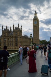 A scenic view of travelers exploring a famous international landmark with luggage.