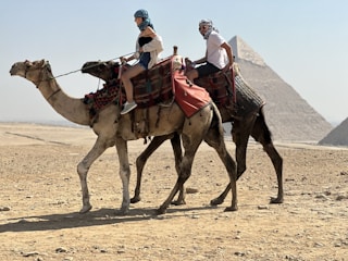 a couple of people riding on the back of a camel