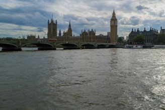 A scenic view of London with iconic landmarks like Big Ben and the Thames River.