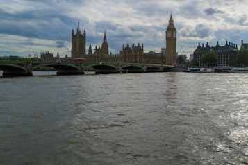 A view of the iconic London skyline featuring the Houses of Parliament and the Big Ben clock tower across the River Thames. The scene includes Westminster Bridge with a red double-decker bus crossing over. The sky is partially cloudy, suggesting an overcast day, and the water of the Thames appears somewhat choppy.