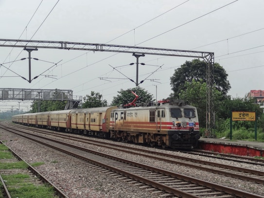 A locomotive with several passenger cars travels along a set of railway tracks. Overhead electrical lines and a metal gantry are visible above the train. Lush green trees line the tracks, and a station sign reads 'Dhandera' in multiple scripts. The sky is overcast, adding a sense of calm to the scene.