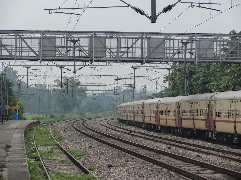 a train traveling down train tracks under a bridge