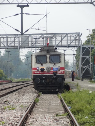 A train is positioned on railway tracks under an overhead power line structure. The locomotive has a white body with red stripes and is labeled WAP-5. Surrounding the train, there is vegetation and gravel alongside the tracks. A person is visible in the distance on the side of the tracks.