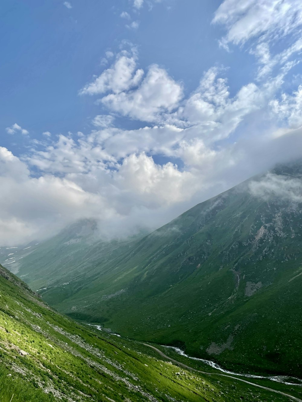 a scenic view of a valley with mountains in the background