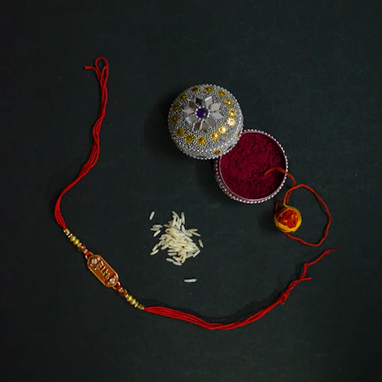 Close-up of the Pujanbox daily pooja kit neatly arranged on a white surface with saffron accents.