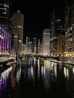 A nighttime cityscape featuring a vibrant skyline with illuminated skyscrapers. The view includes a river reflecting the bright city lights, surrounded by high-rise buildings. A bridge crosses the river, and colorful lights on the buildings add urban vibrancy.