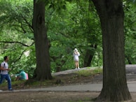 A peaceful park scene with people enjoying nature.
