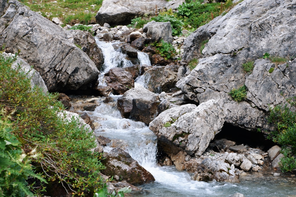 a stream of water running between large rocks