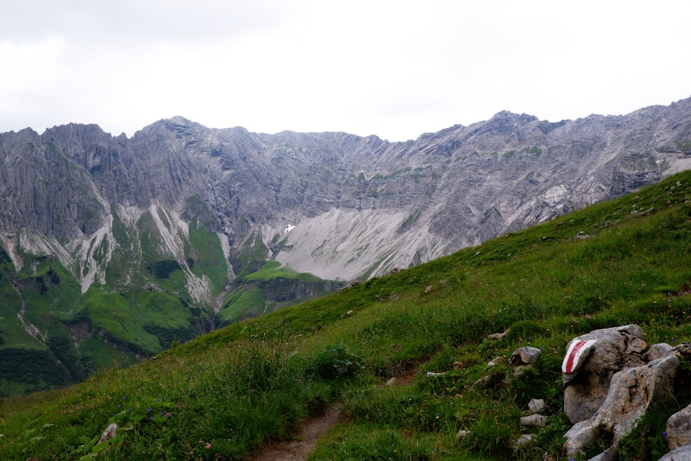 a trail going up a grassy hill with mountains in the background