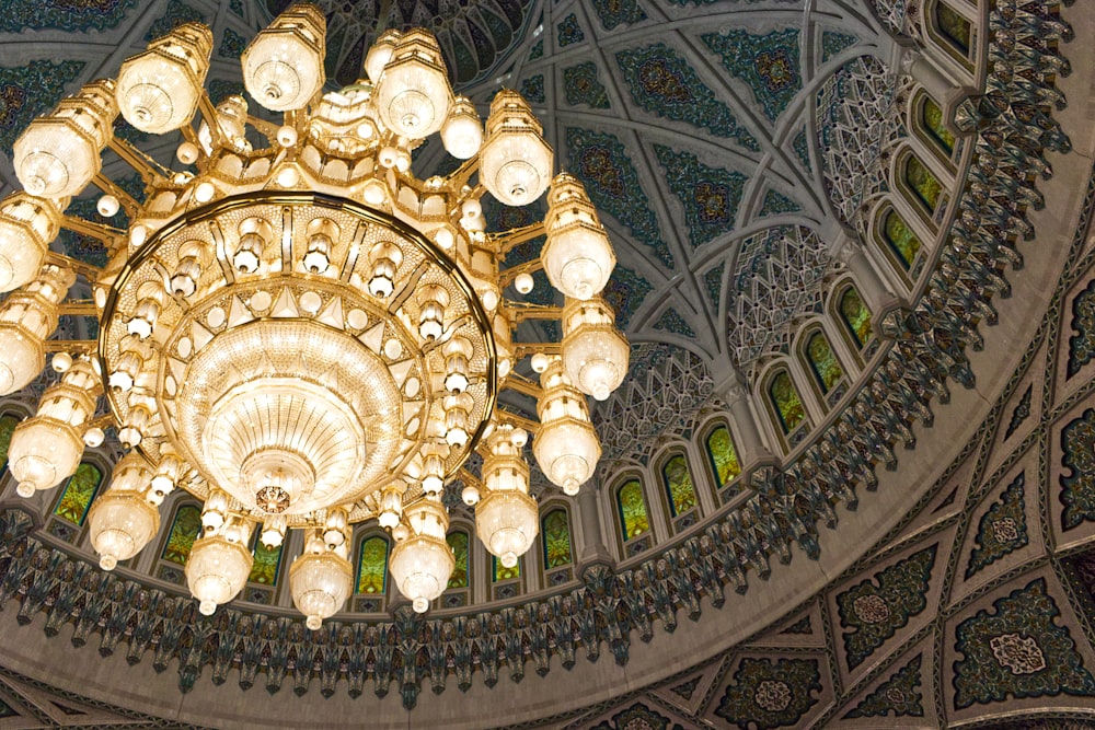 a chandelier hanging from the ceiling of a building