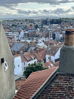 A panoramic view of the old town of Bern with its famous clock tower and red-roofed buildings seen from above.