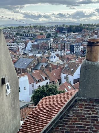 A panoramic view of the old town of Bern with its famous clock tower and red-roofed buildings seen from above.