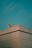 A large concrete building is topped with a satellite dish. The building's edges and lines create a geometric pattern against a clear blue sky.