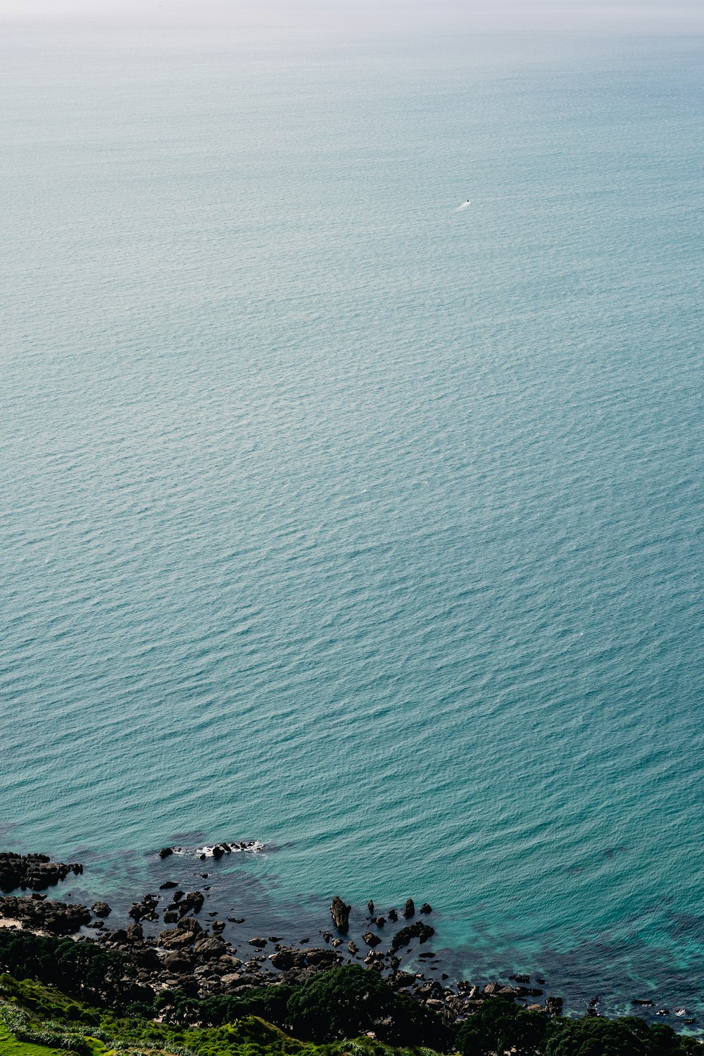 Un grande specchio d'acqua seduto accanto a una collina verde lussureggiante