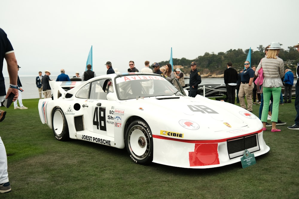 a white race car parked on top of a lush green field