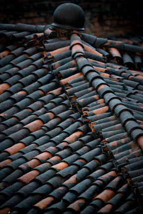 Traditional curved roof tiles arranged in an overlapping pattern on a rustic building.