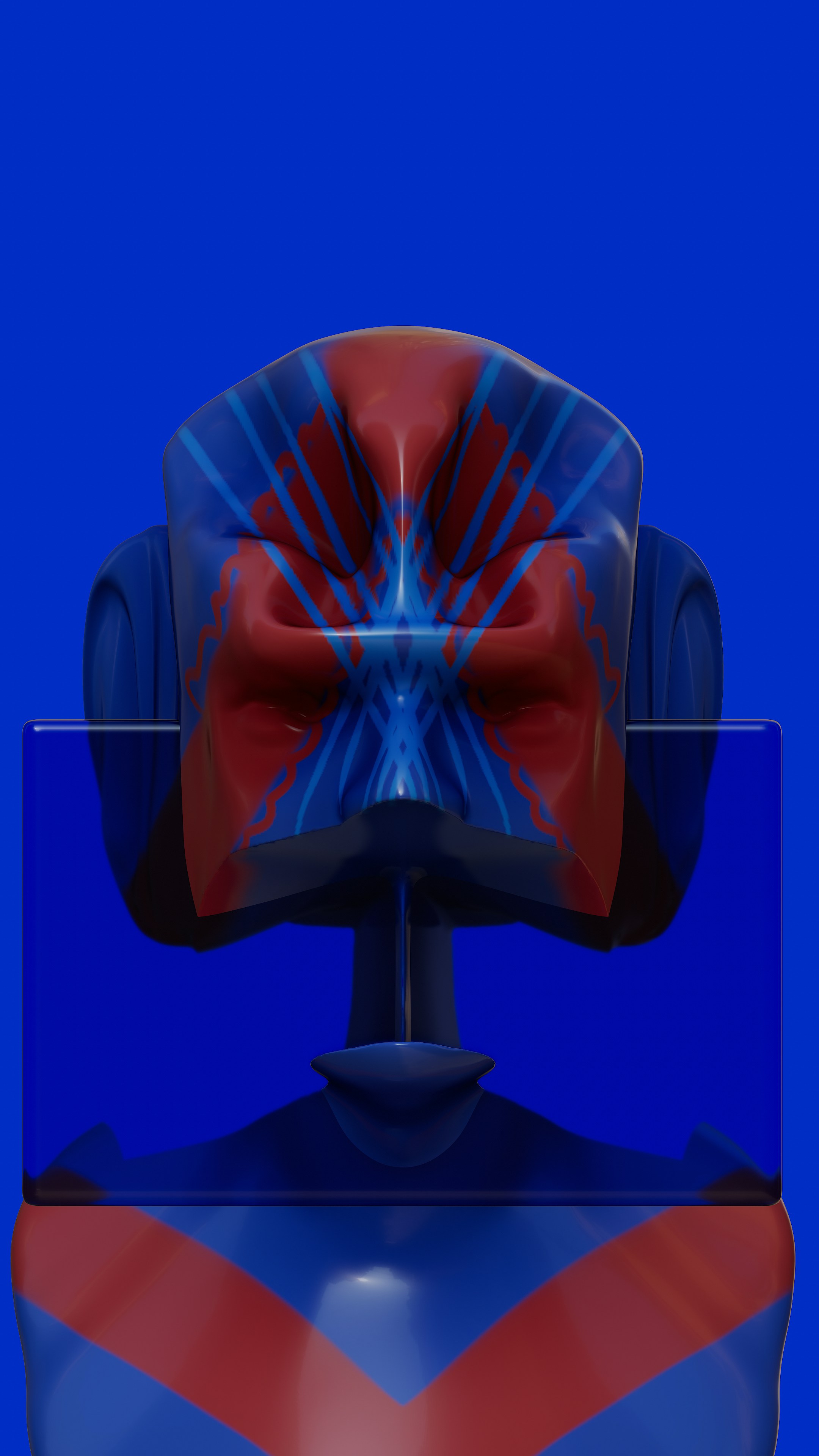 a blue and red chair with a red bow tie