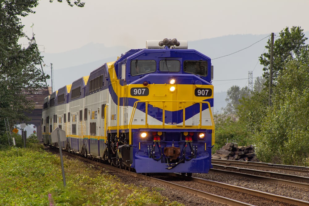 a blue and yellow train traveling down train tracks