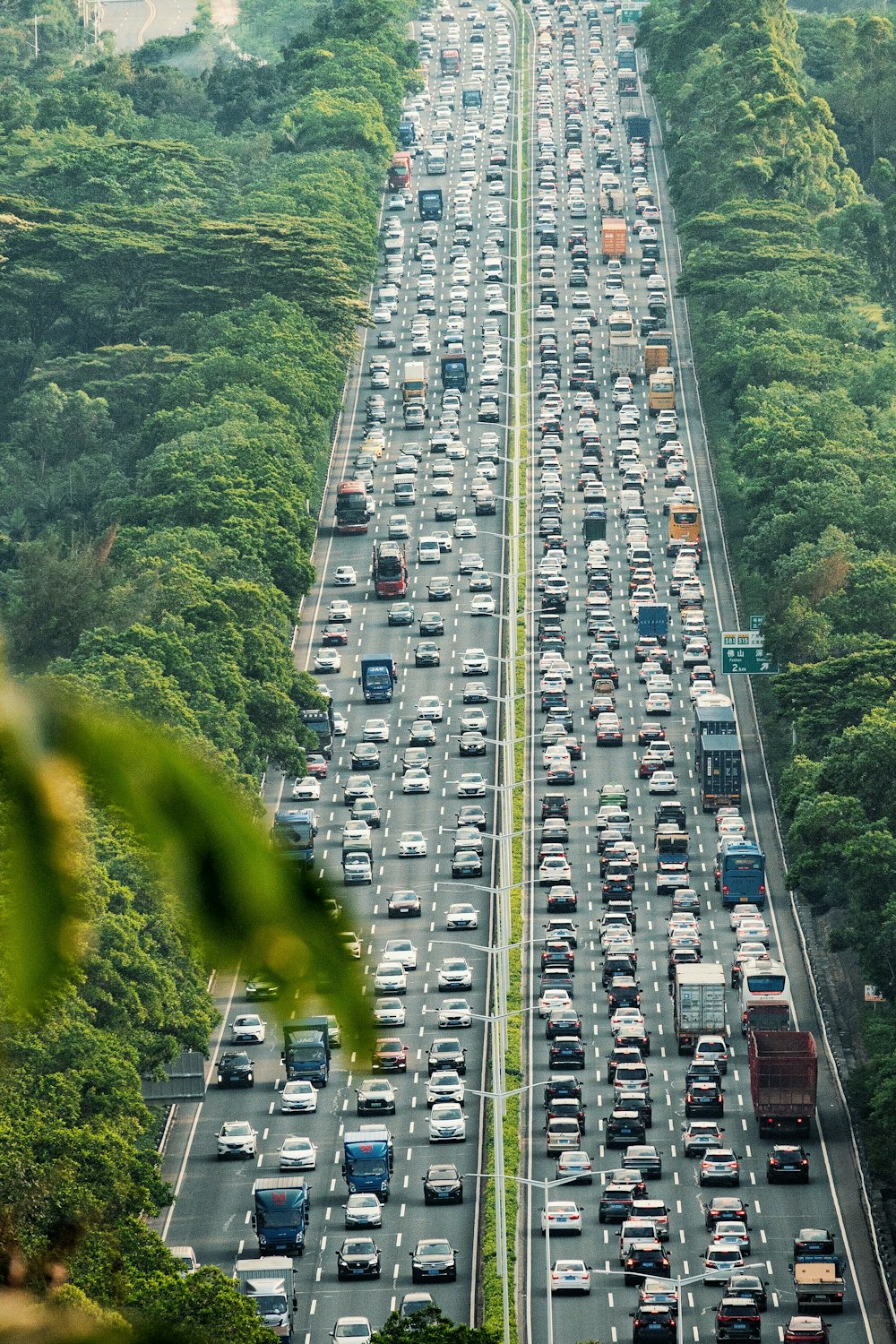 a highway filled with lots of traffic surrounded by trees