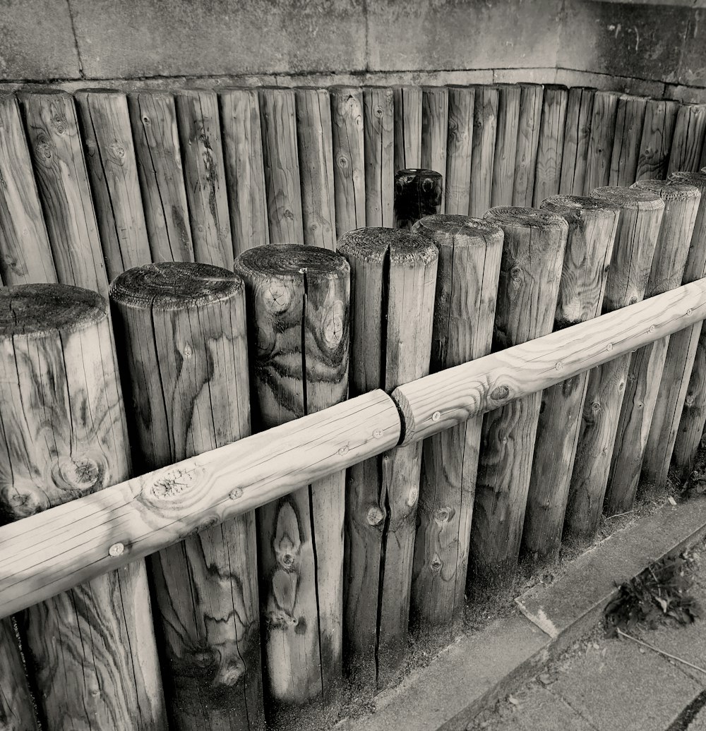 uma foto em preto e branco de uma cerca de madeira