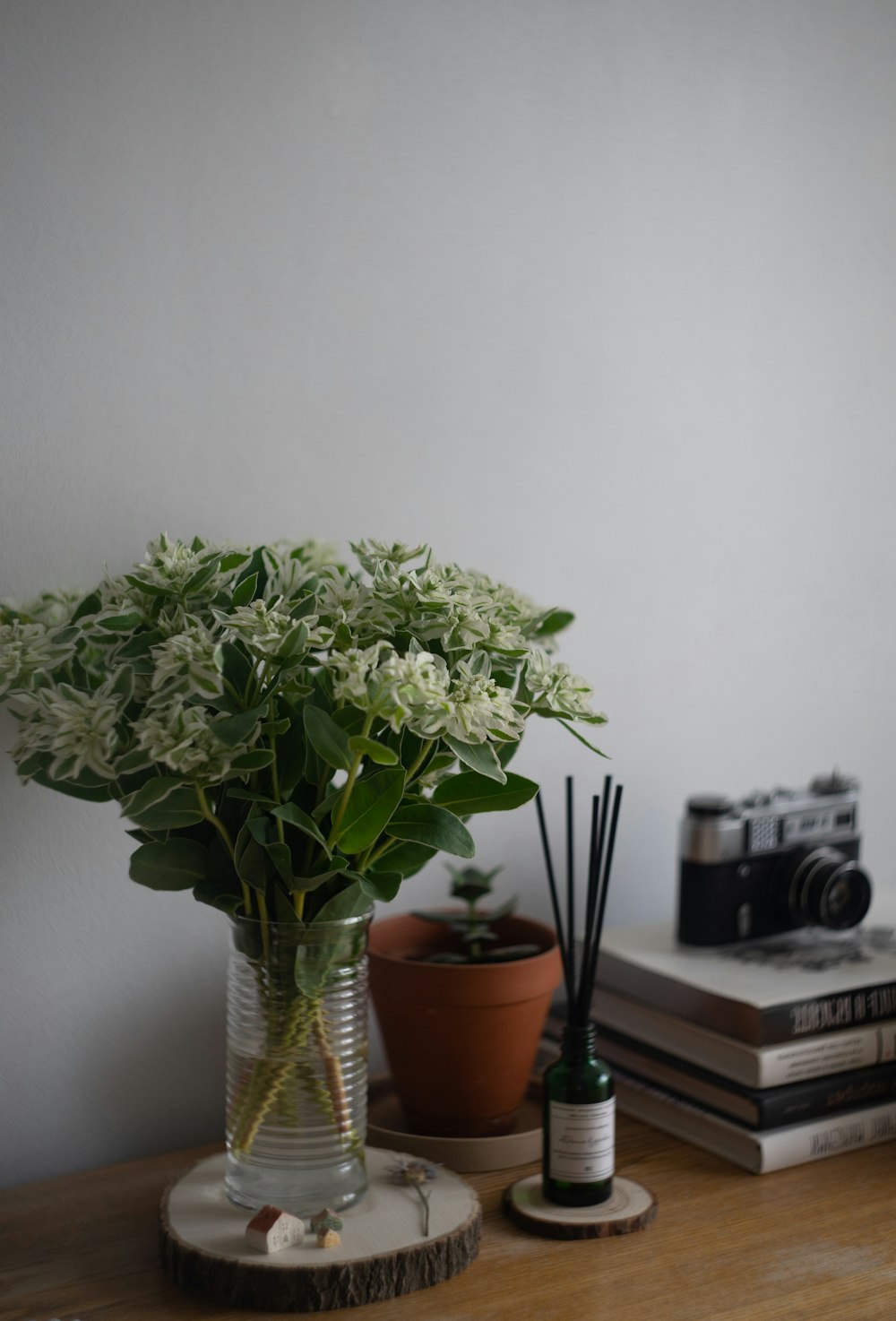 a vase of flowers sitting on a table next to a camera