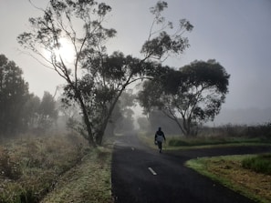 Smiling faces illuminated by soft morning light during a mindful walk on a quiet path.