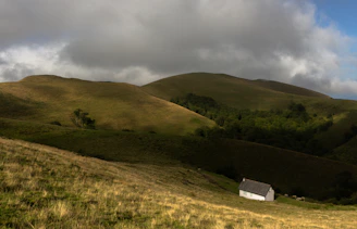 A cozy Scottish cottage nestled among rolling green hills under a cloudy sky.